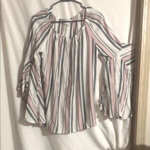 Fever Pink Nectar White Gray Ruffled 3/4 Sleeve Blouse M